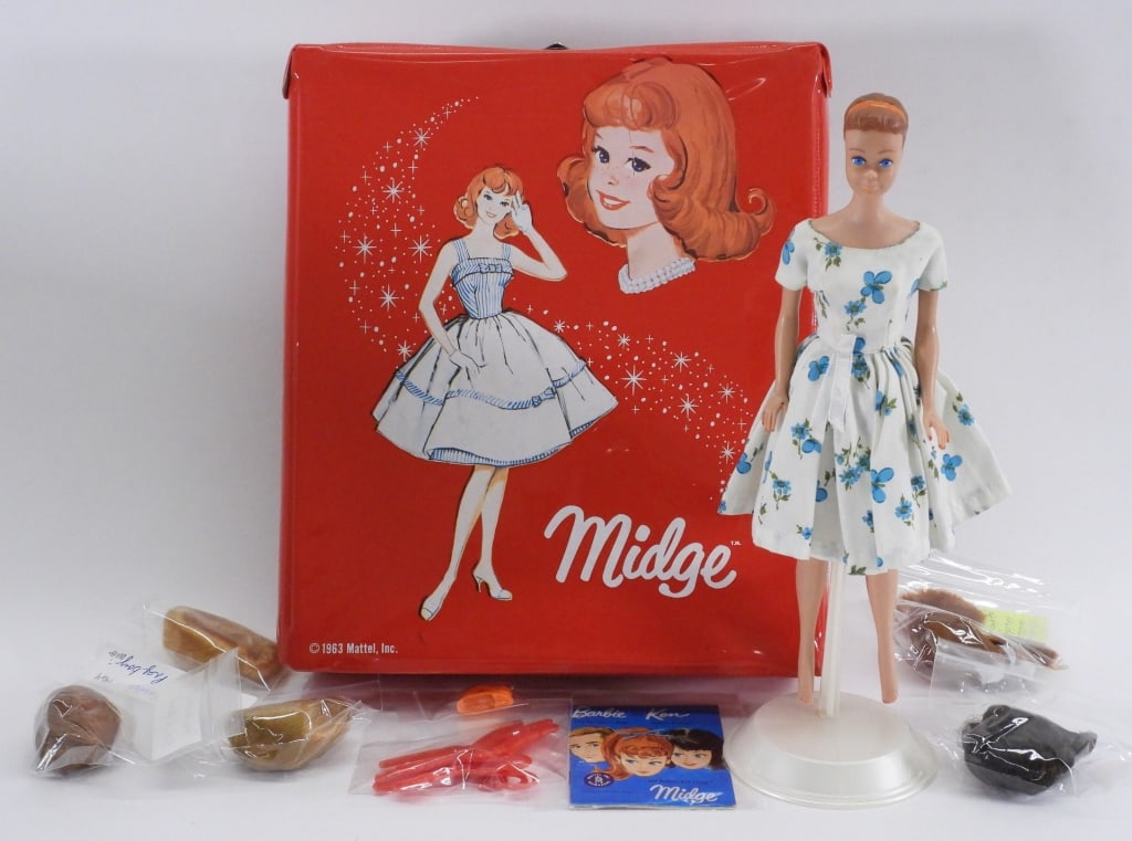 63-65 Mattel Barbie Midge Molded Head Doll & Case: United States,1963-1965 1963 Mattel Barbie Midge red vinyl case complete with original cardboard drawers, fashion booklet, and six red plastic hangers, case in overall good condition with light wear a