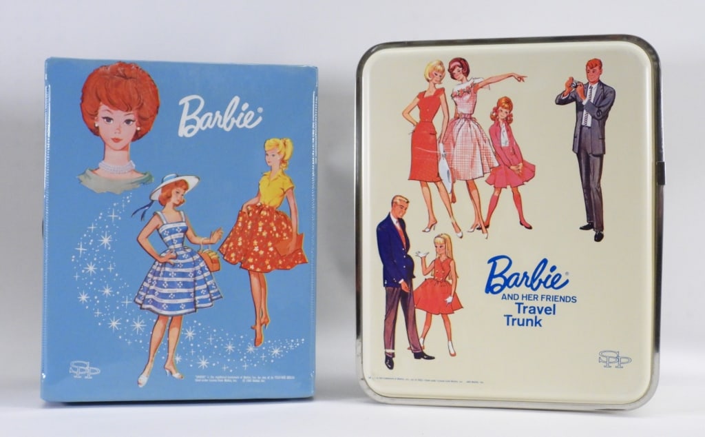 2PC Mattel Barbie Travel Trunk & Blue Vinyl Case: United States,1964-1965 Group includes 1964 Mattel Barbie single doll case in blue vinyl complete with original drawers, doll strap, hangers, and booklet and a 1965 Barbie and Her Friends Travel Trunk