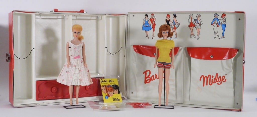 1963 Mattel Barbie and Midge Dolls w/ Case: United States,1963 1963 Mattel Barbie and Midge doll case in red vinyl, includes #5 Blonde Pony Tail Barbie and Titian Midge, includes original wire stands, suit and shoes, red plastic hangers, and Ba