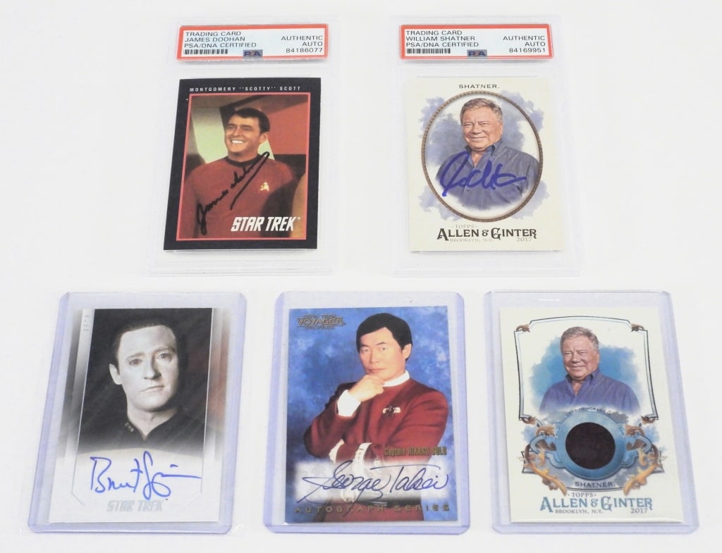 5PC Star Trek William Shatner Autograph Card Group: United States,20th Century Group includes 1998 Star Trek Voyager A20 George Takei autograph card, 2015 Star Trek Bret Spiner autograph card, 2017 Topps Allen & Ginter FSRA-WS William Shatner swatch ca
