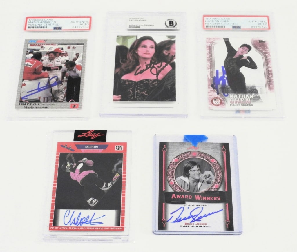 5PC Celebrity Autograph Trading Card Group: United States,20th Century Group includes a 2021 Leaf PSA-CK1 Chloe Kim autograph card, 2012 Leaf Bruce Jenner autograph card, Caitlyn Jenner autographed photo card Beckett authenticated, 1991 Mario A