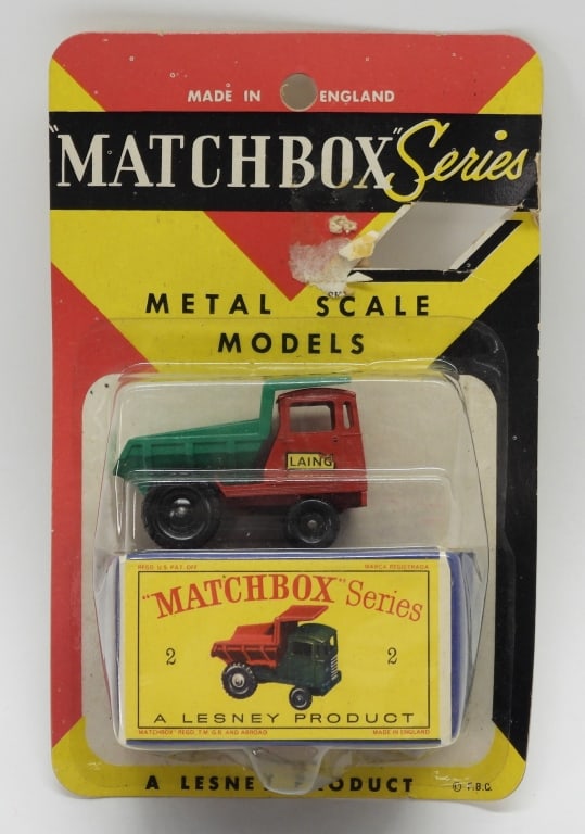 Lesney Matchbox #2 Muir-Hill Dumper Diecast MOSC: England,20th Century Lesney Matchbox #2 Muir-Hill Dumper diecast truck, C5 factory sealed with heavy wear to card back, price cut out in upper right corner and surface tear from sticker, clear and fir