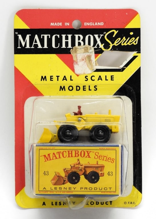 Lesney Matchbox #43 Aveling-Barford Tractor Shovel: England,20th Century Lesney Matchbox #43 Aveling-Barford Tractor Shovel, C6 factory sealed, card back with heavy wear, price cut out from upper right corner, clear and firm bubble with denting, please