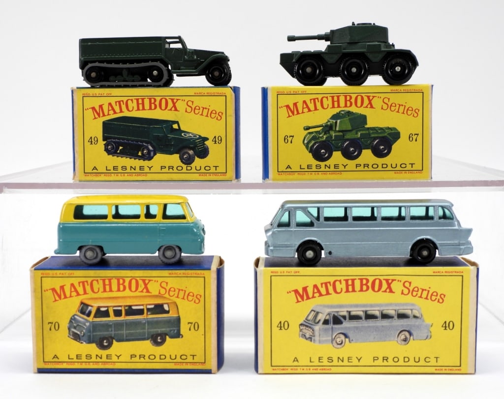 4PC Lesney Matchbox Diecast MIB Unused Group: England,20th Century Group includes Lesney Matchbox #40 Long Distance Coach, #49 Army Half Track Mark III, #67 Saladin Armoured Car, and #70 Thames Estate Car, all opened and in near mint condition ap