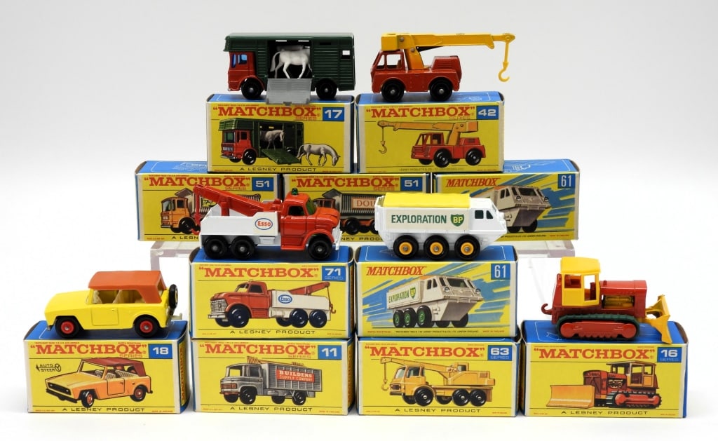 11PC Lesney Matchbox Diecast Car Truck MIB Unused: England,20th Century Group includes Lesney Matchbox #11 Scaffolding Truck, #16 Case Tractor, #17 Horse Box, #18 Field Truck, #42 Iron Fairy Crane, two #51 8 Wheel Tipper (orange/yellow), two #61 Alvis