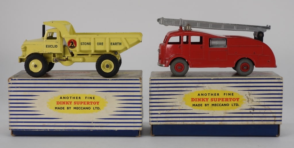 2PC Dinky SuperToys Dump Truck Fire Engine Diecast: England,20th Century Group includes Dinky SuperToys #955 Fire Engine with Extending Ladder and #965 Euclid Rear Dump Truck, both in overall good condition appearing to have always been cared for, dump