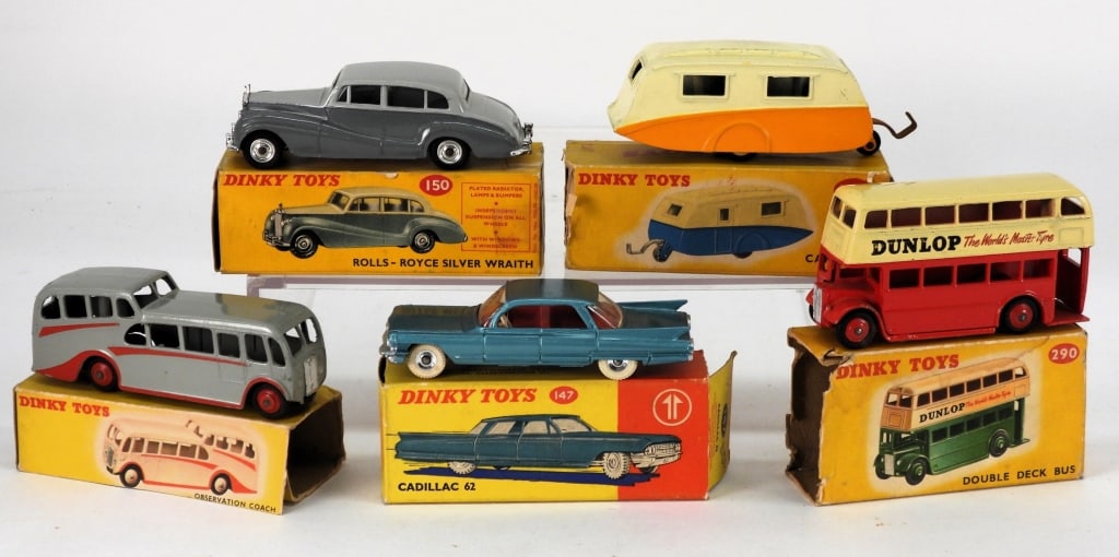 5PC Meccano Dink Toys Diecast Car Group MIB: England,20th Century Group includes Dinky Toys #147 Cadillac 62, #150 Rolls-Royce Silver Wraith, #190 Caravan, #280 Observation Coach, and #290 Double Decker, overall in good condition considering age