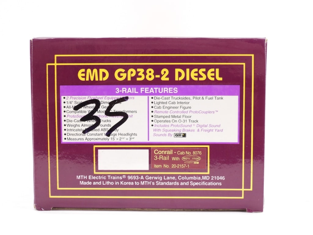 MTH Conrail #8076 EMD GP38-2 Diesel Train: United States,Contemporary MTH Conrail #8076 EMD GP38-2 Diesel, item no. 20-2157-1. Overall good unused condition, box shows minimal shelf wear. The selection of trains within the auction is a continu