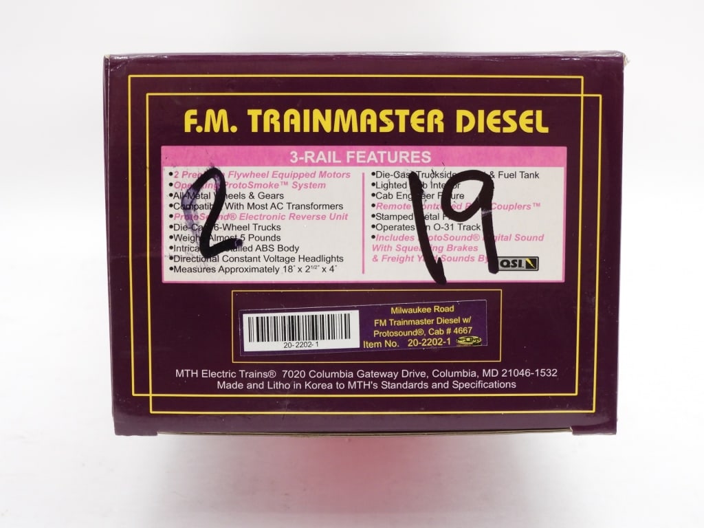MTH Milwaukee Road #4667 FM Trainmaster Diesel: United States,Contemporary MTH Milwaukee Road #4667 F.M. Trainmaster Diesel, item no. 20-2202-1. Overall good unused condition, box shows minimal shelf wear. The selection of trains within the auction