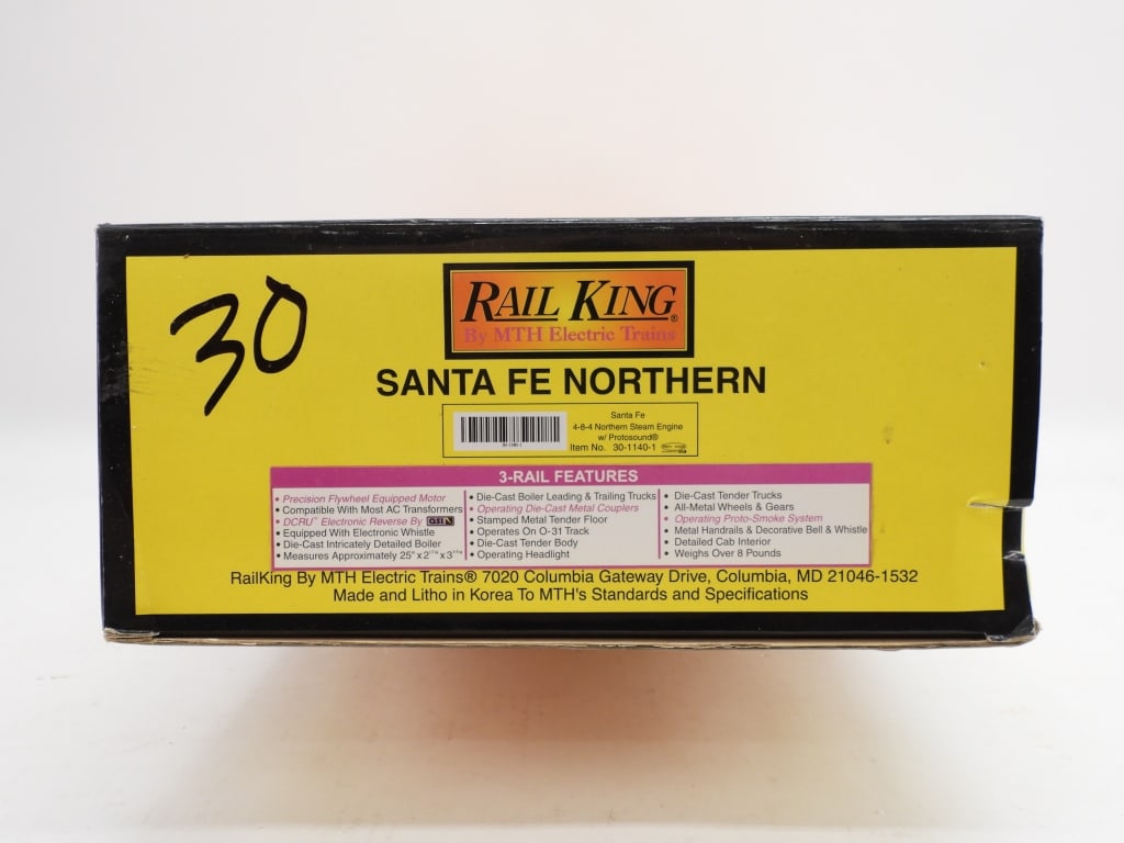MTH Rail King Santa Fe 4-8-4 Northern Steam Engine: United States,Contemporary MTH Rail King Santa Fe 4-8-4 Northern Steam Engine, item no. 30-1140-1. Overall good unused condition, box shows minimal shelf wear. The selection of trains within the aucti