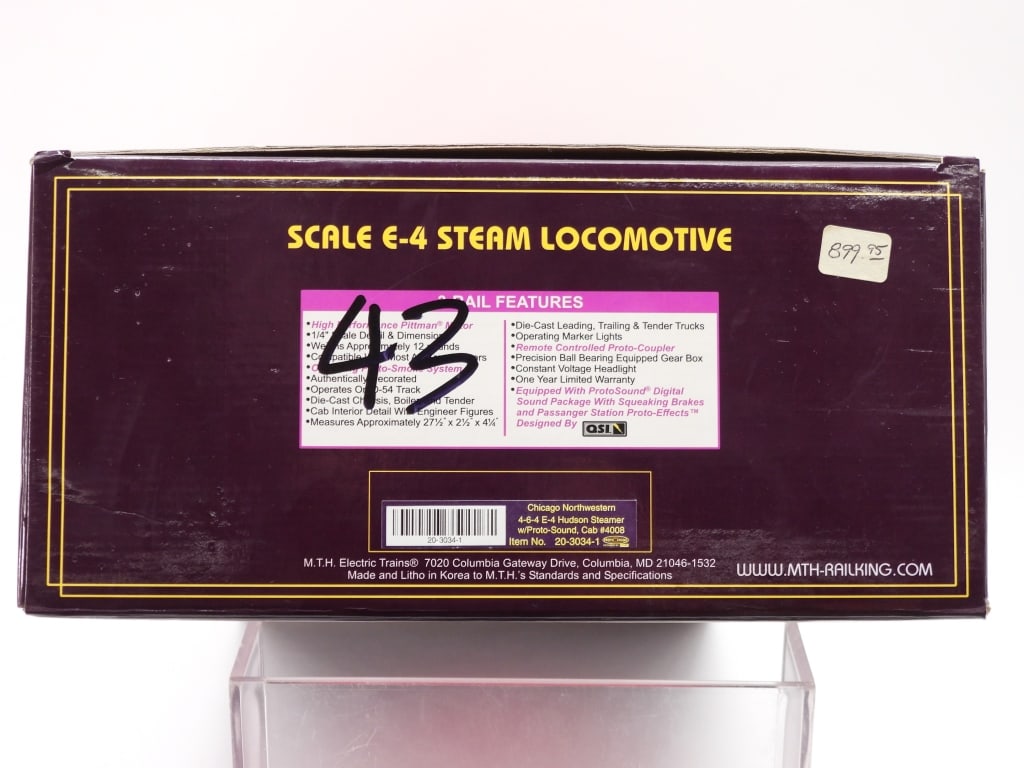 MTH Chicago Northwestern 464 E-4 Hudson Steamer: United States,Contemporary MTH Chicago Northwestern #4008 4-6-4 E-4 Hudson Steamer, item no. 20-3034-1. Overall good unused condition, box shows minimal shelf wear. The selection of trains within the