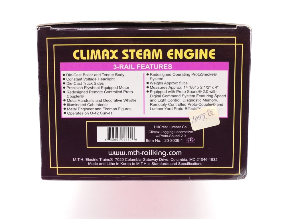 MTH HillCrest Lumber Co. Climax Logging Locomotive: United States,Contemporary MTH HillCrest Lumber Co. Climax Logging Locomotive, item no. 20-3039-1. Overall good unused condition, box shows minimal shelf wear. The selection of trains within the aucti