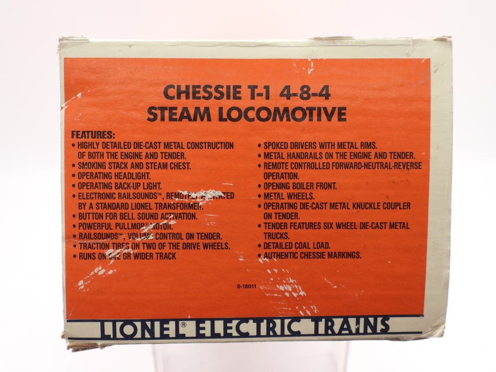 Lionel Chessie T-1 4-8-4 Steam Locomotive Train: United States,Contemporary Lionel Chessie T-1 4-8-4 Steam Locomotive, item no. 6-18011. Overall good unused condition, box shows minimal shelf wear. The selection of trains within the auction is a con