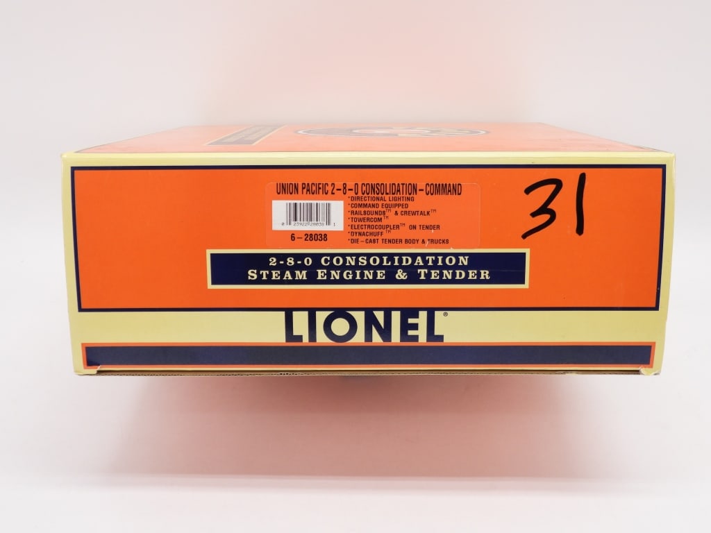 Lionel Union Pacific 2-8-0 Consolidation Command: United States,Contemporary Lionel Union Pacific 2-8-0 Consolidation Command, item no. 6-28038. Overall good unused condition, box shows minimal shelf wear. The selection of trains within the auction i