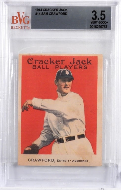 1914 Cracker Jack Baseball 14 Sam Crawford BVG 3.5: United States,1914 1914 Cracker Jack #14 Sam Crawford baseball card, BVG 3.5 VERY GOOD, per the Beckett Grading Pop Report 1 in 3.5, 1 higher, total pop 3. From the collection of a Willimantic, Connec