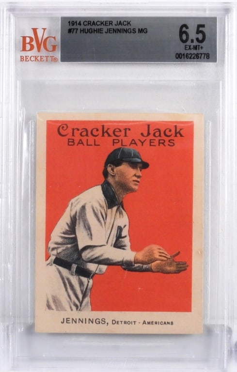 1914 Cracker Jack #77 Hughie Jennings BVG 6.5: United States,1914 1914 Cracker Jack #77 Hughie Jennings baseball card, BVG 6.5 EX-MT+, per the Becket Grading Pop Report 1 in 6.5, 1 higher, total pop 4. From the collection of a Willimantic, Connect