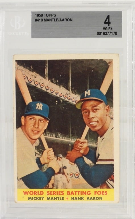 1958 Topps Baseball #418 Mantle Aaron Batting Foes: United States,1958 1958 Topps Baseball #418 Mickey Mantle/Hank Aaron Batting Foes card, BGS 4 VG-EX. BGS case 5 1/8" x 3 1/4"