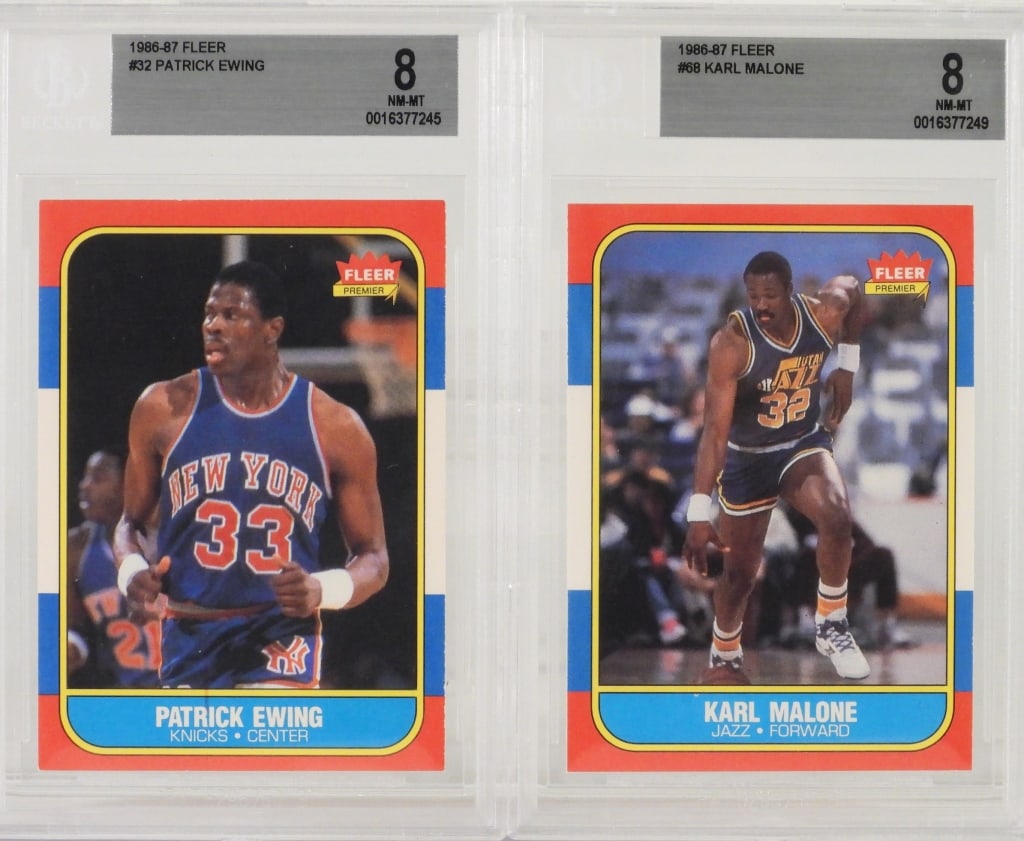 1986-87 Fleer Basketball #68 Malone #32 Ewing: ,1986-1987 2pc. lot includes 1986-87 Fleer Basketball #68 Karl Malone, BGS 8; 1986-87 Fleer Basketball #32 Patrick Ewing, BGS 8From the estate of an Attleboro, Massachusetts gentleman. BGS case 5 1/8"