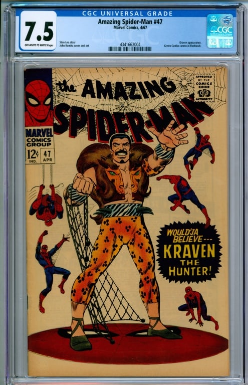 Marvel Comics Amazing Spider-Man #47 CGC 7.5: United States,1967 Marvel Comics Amazing Spider-Man issue 47 from April, 1967. The book featured a Kraven appearance and cover and a Green Goblin cameo in flashback. CGC 7.5 w/ Off-White/White Pages C