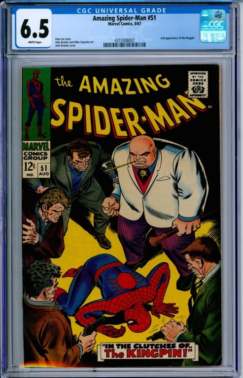 Marvel Comics Amazing Spider-Man #51 CGC 6.5: United States,1967 Marvel Comics Amazing Spider-Man issue 51 from August, 1967. The book featured the second appearance of Kingpin. CGC 6.5 w/ White Pages CGC case 13" x 8"
