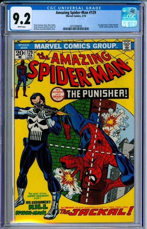 Marvel Comics Amazing Spider-Man #129 CGC 9.2: United States,1974 Marvel Comics Amazing Spider-Man issue 129 from February, 1974. The book featured the first appearance of the Punisher and the Jackal. CGC 9.2 w/ White Pages CGC case 13" x 8"