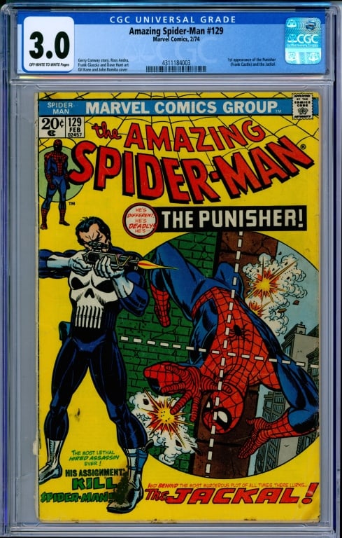 Marvel Comics Amazing Spider-Man #129 CGC 3.0: United States,1974 Marvel Comics Amazing Spider-Man issue 129 from February, 1974. The book featured the first appearance of the Punisher and the Jackal. CGC 3.0 w/ Off-White/White Pages CGC case 13"