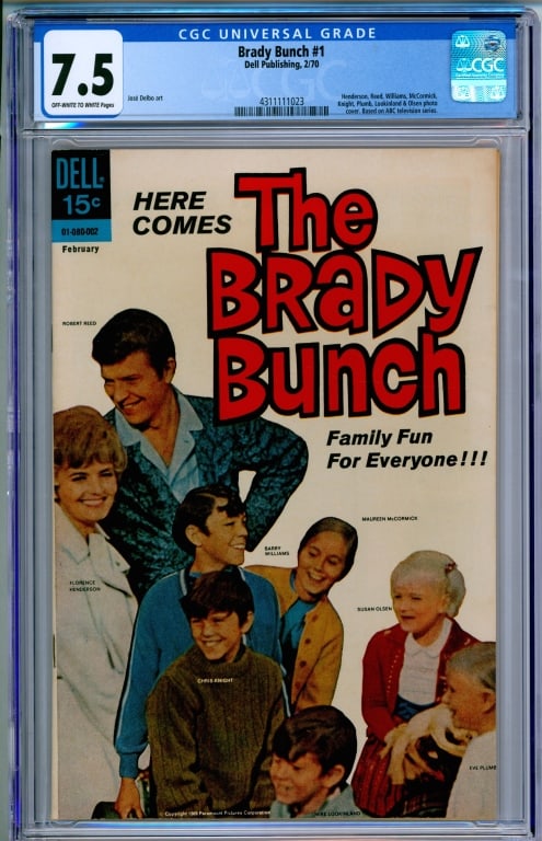 Dell Publishing Brady Bunch #1 CGC 7.5: United States,1970 Dell Publishing Brady Bunch issue 1 from February, 1970. The book was based on the ABC television series and featured a photo cover. CGC 7.5 w/ Off-White/White Pages CGC case 13" x 