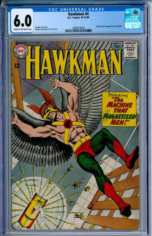 DC Comics Hawkman #4 CGC 6.0: United States,1964 D.C. Comics Hawkman issue 4 from October-November, 1964. The book featured the origin and first appearance of Zatanna. CGC 6.0 w/ Cream/Off-White Pages CGC case 13" x 8"