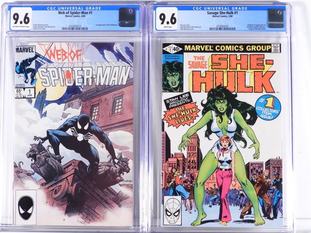 2PC Marvel Comics Bronze Modern CGC Key Group: United States,1980-1985 Group includes Marvel Comics Web of Spider-Man #1 (1st app. of the Vulturions, CGC 9.6 w/ OW/WP), and Savage She-Hulk #1 (1st app. She-Hulk, origin of the Hulk retold, CGC 9.6 