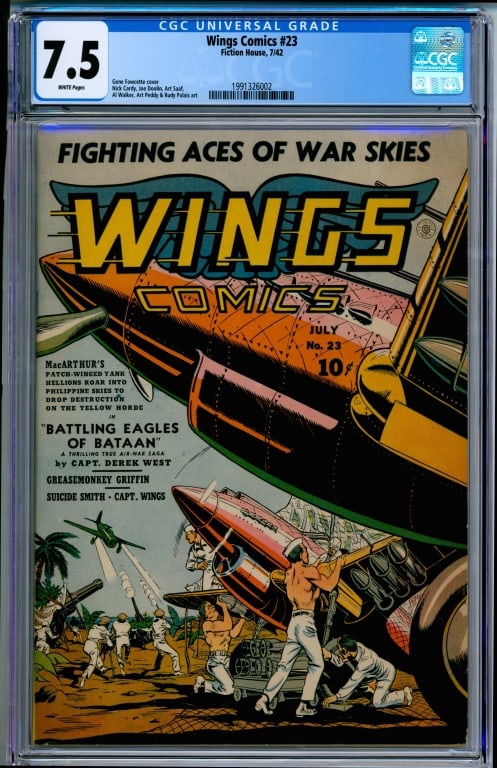 Fiction House Wings Comics #23 CGC 7.5: United States,1942 Fiction House Wings Comics issue 23 from July, 1942. The book featured cover art by Gene Fawcette. CGC 7.5 w/ White Pages CGC case 13" x 8"