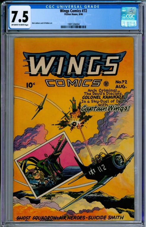 Fiction House Wings Comics #72 CGC 7.5: United States,1946 Fiction House Wings Comics issue 72 from August, 1946. The book featured artwork by Bob Lubbers and Al Walker. CGC 7.5 w/ Off-White Pages CGC case 13" x 8"