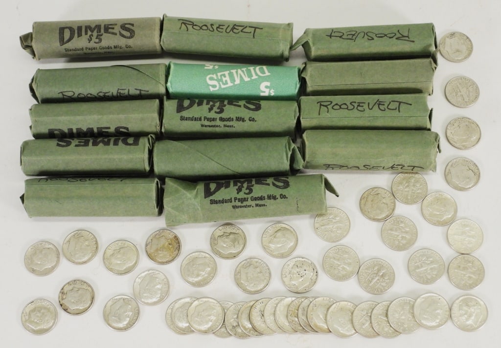 $70 Roosevelt Rolled Silver Dime Coin Collection: ,Various Dates 14 Rolls of .90 silver Roosevelt dimes of various dates. Condition Various states of worn condition. Provenance uncirculated Dimensions Roll measures 2 1/2" x 3/4" Circa/ Origin Variuos