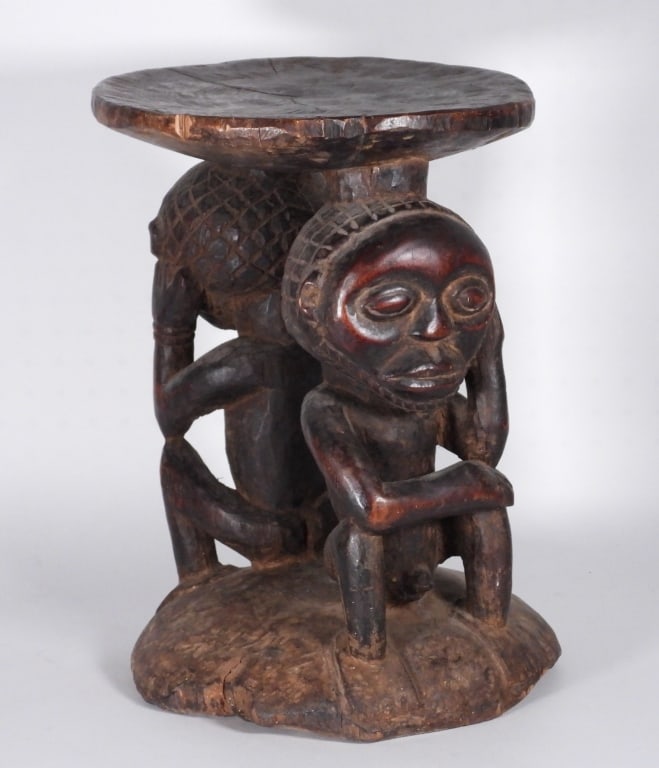 African Luba Couples Figural Carved Wooden Stool (1 of 12)