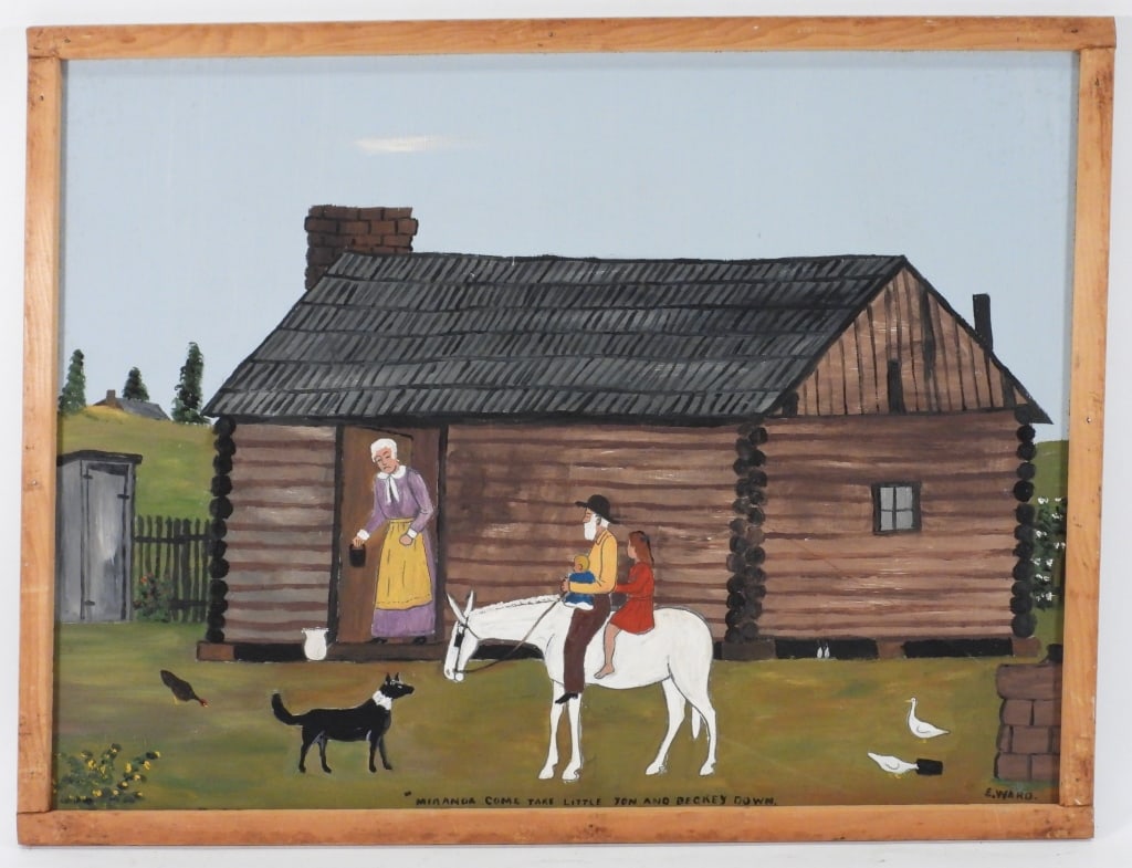 Essie Ward Folk Art Genre Painting: Essie Ward Arkansas,1902-1981 Titled "Miranda Come Take Little Jon and Beckey Down" depicts an older gentleman on the back of a white horse with two young children in front of a cabin where an older w