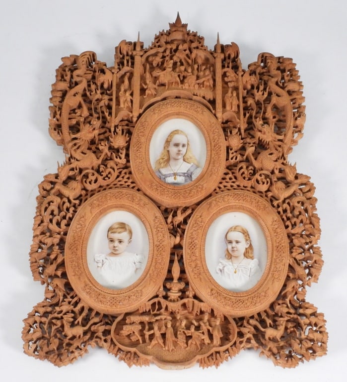 19C Chinese Export Carved Frame Military Family: United States,19th Century Includes three portraits of young blonde hair, blue eyed children dressed in white set in a shadow boxed Chinese export carved Boxwood frame. These depictions are the childr