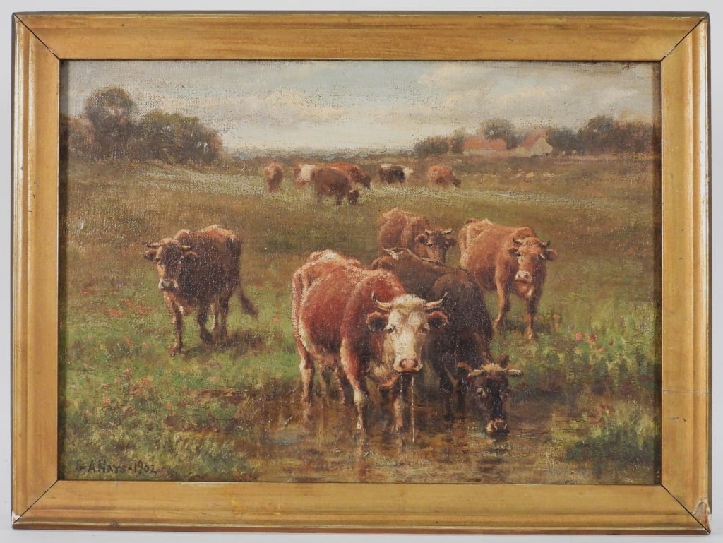 George A. Hays Rhode Island Grazing Cows Painting: George Arthur Hays Rhode Island, Massachusetts,1854-1945 Impressionist depiction of a herd of cows in a large field drinking from a small pond. Hays is well known for his paintings of cows and other f