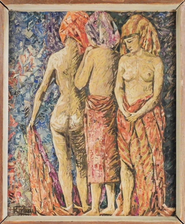 John Kirbach Nude Women Stamp Art: John Kirbach United States,20th Century Depicts three nude to partially nude women draped in colorful fabrics against a blue background comprised of cut up stamps. Collage on paper Signed "Kirbach" lo