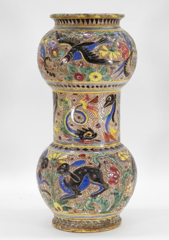 Persian Pottery Umbrella Stand: Middle East,Early 20th Century Double gourd style umbrella stand decorated with polychromatic birds, insects, serpents, and rabbits with botanical elements. Pottery From the collection of a Providence
