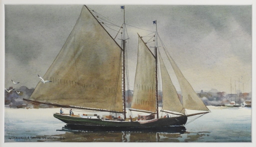 Donald Allen Mosher New England Ship WC Painting: Donald Allen Mosher Massachusetts,1945-2014 Depicts a ship in a harbor with crew members on deck while seagulls fly overhead. Mosher studied at the Vesper School of Art and was later the vice presiden