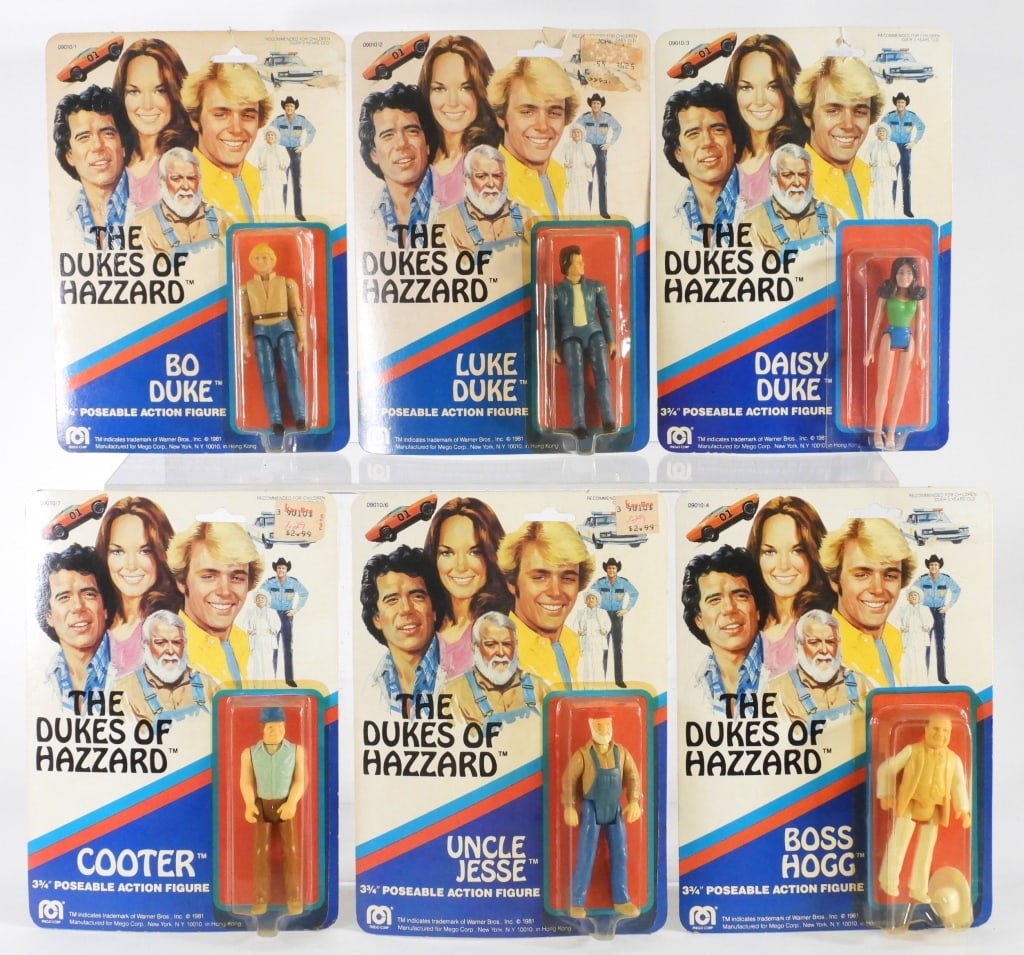 6PC 1981 Mego Dukes of Hazzard MOSC Figure Group: United States 1981 Group includes 1981 Mego The Dukes of Hazzard Bo Duke, Luke Duke, Daisy Duke, Uncle Jesse, Cooter, and Boss Hogg, all factory sealed with moderate wear as expected from age and stor