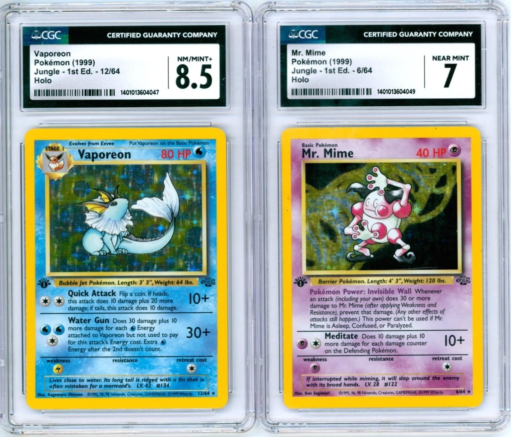 2PC 1999 Pokemon Jungle 1st Ed. CGC Holo Group: United States 1999 Group includes 1999 Pokemon Jungle 1st edition Mr. Mime (CGC 7) and Vaporeon (CGC 8.5) holographic trading cards. CGC case 5 1/4" x 3 1/8"