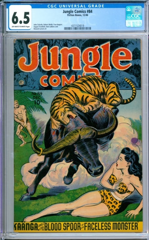 Fiction House Jungle Comics #84 CGC 6.5: United States 1946 Fiction House Jungle Comics issue 84 from December, 1946. Per the CGC census 5 in 6.5, 13 higher. CGC 6.5 w/ Off-White/White Pages CGC case 13" x 8" 4371524019