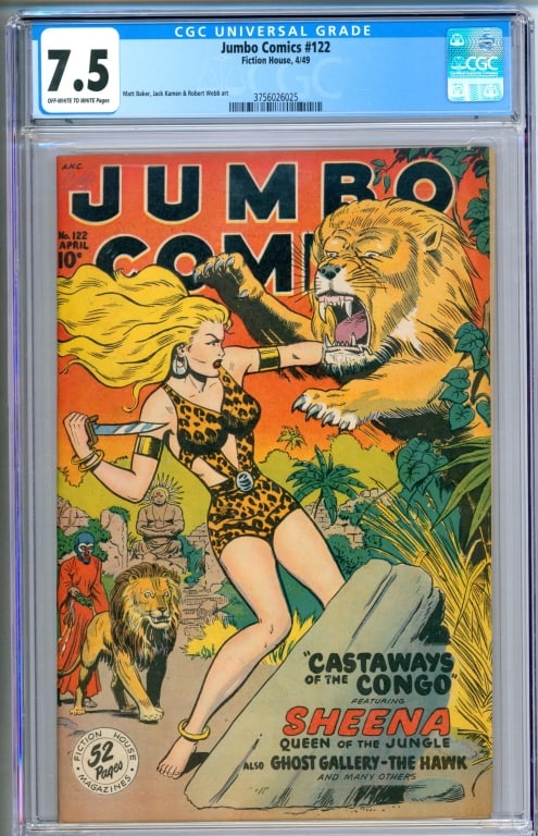 Fiction House Jumbo Comics #122 CGC 7.5: United States 1949 Fiction House Jumbo Comics issue 122 from April, 1949. The book featured art by Matt Baker, Jack Kamen, and Robert Webb. Per the CGC census 3 in 7.5, 10 higher. CGC 7.5 w/ Off-White