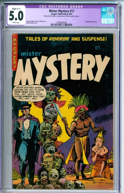Aragon Publications Mister Mystery #17 CGC 5.0: United States 1954 Aragon Publications Mister Mystery issue 17 from June, 1954. The book featured a severed heads cover by Bernard Bailey. CGC 5.0 w/ White Pages, C-1 slight restoration includes a sma