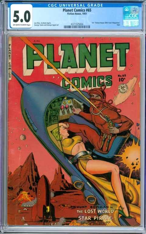 Fiction House Planet Comics #65 CGC 5.0: United States 1951 Fiction House Planet Comics issue 65 from 1951. The book featured the third "Fiction House 30th Year! Magazines" logo on cover. Per the CGC census 17 in 5.0, 27 higher. CGC 5.0 w/ O