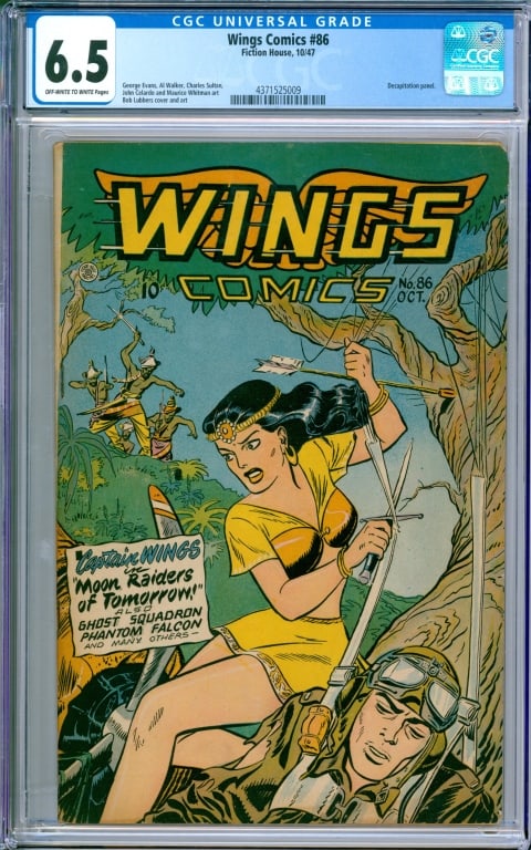 Fiction House Wings Comics #86 CGC 6.5: United States 1947 Fiction House Wings Comics issue 86 from October, 1947. The book featured a decapitation panel. Per the CGC census 2 in 6.5, 11 higher. CGC 6.5 w/ Off-White/White Pages CGC case 13"