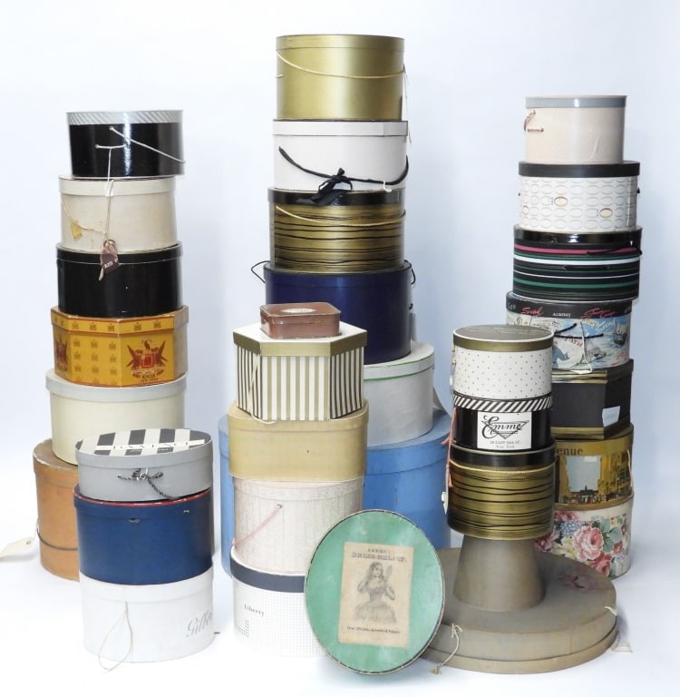 31PC Assorted American Hatboxes: United States,20th Century Includes numerous bandboxes of varying shapes and sizes including ones from the Liberty and Company, Bee Jones, Dobbs & Co., Lilly Dache, and others. Smallest 3 1/4" x 13 3/