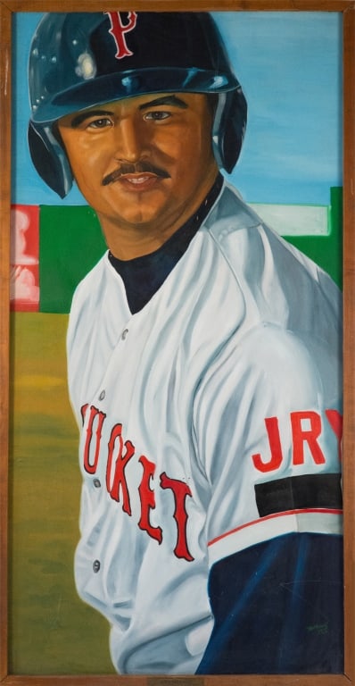 McCoy Stadium John Valentin Monumental Mural: Carol “Tayo” Heuser Rhode Island,Contemporary Monumental depiction of American baseball player John Valentin who played professionally for the Boston Red Sox, and the New York Mets. This mural