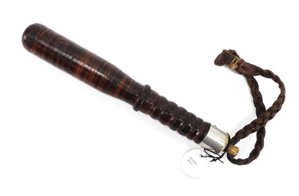 Bissel Leather & Steel Police Billy Club: England,Late 19th- Early 20th Century Bissel leather covered steel bully club with braided strap on swivel. 9 5/8". From the collection of Matthew G. Forte, expert on police equipment and author of "A