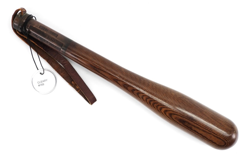 United States Phenolic Presentation Billy Club: United States,1937 Phenolic billy club with brass handle marked "Corp. A. T. Cleary State Police Dec. 1937" 11 7/8". From the collection of Matthew G. Forte, expert on police equipment and author of "